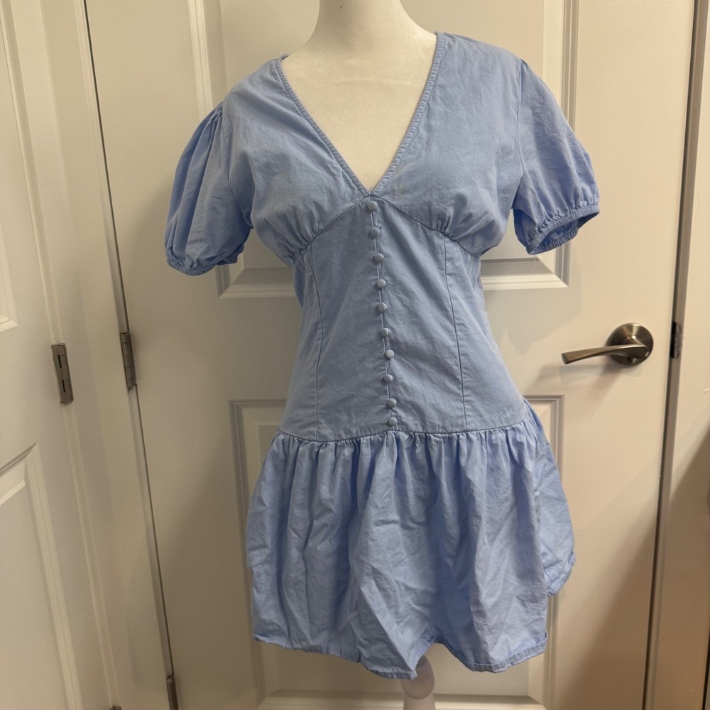 Sim & Sam Blue V-Neck Puff Sleeve Smocked Back Mini Dress Size M